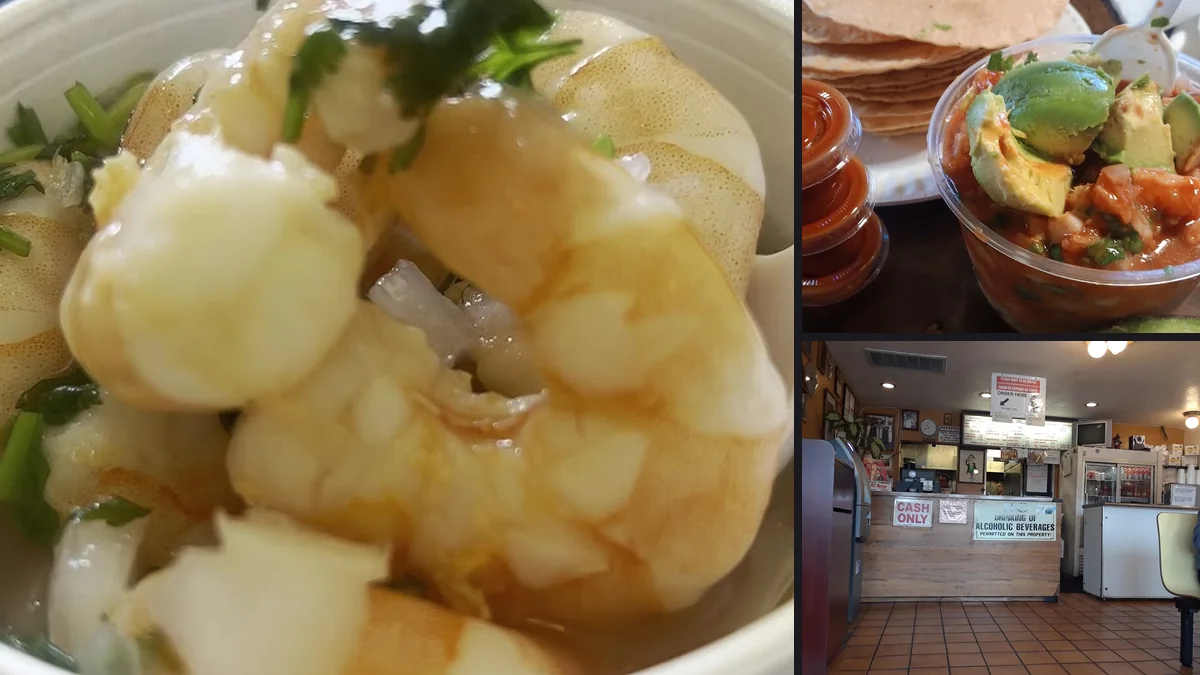 Shrimp cocktail served with lime wedges.